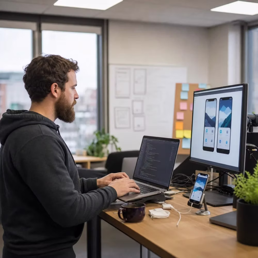 Flutter developer coding an app